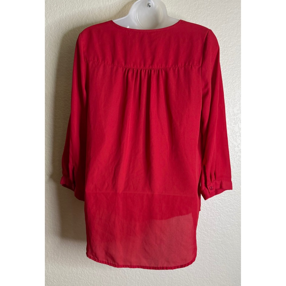 My Michelle Womens Small Blouse Red 3/4 Roll Tab Sleeve Zipper Pocket High Low - Picture 2 of 11